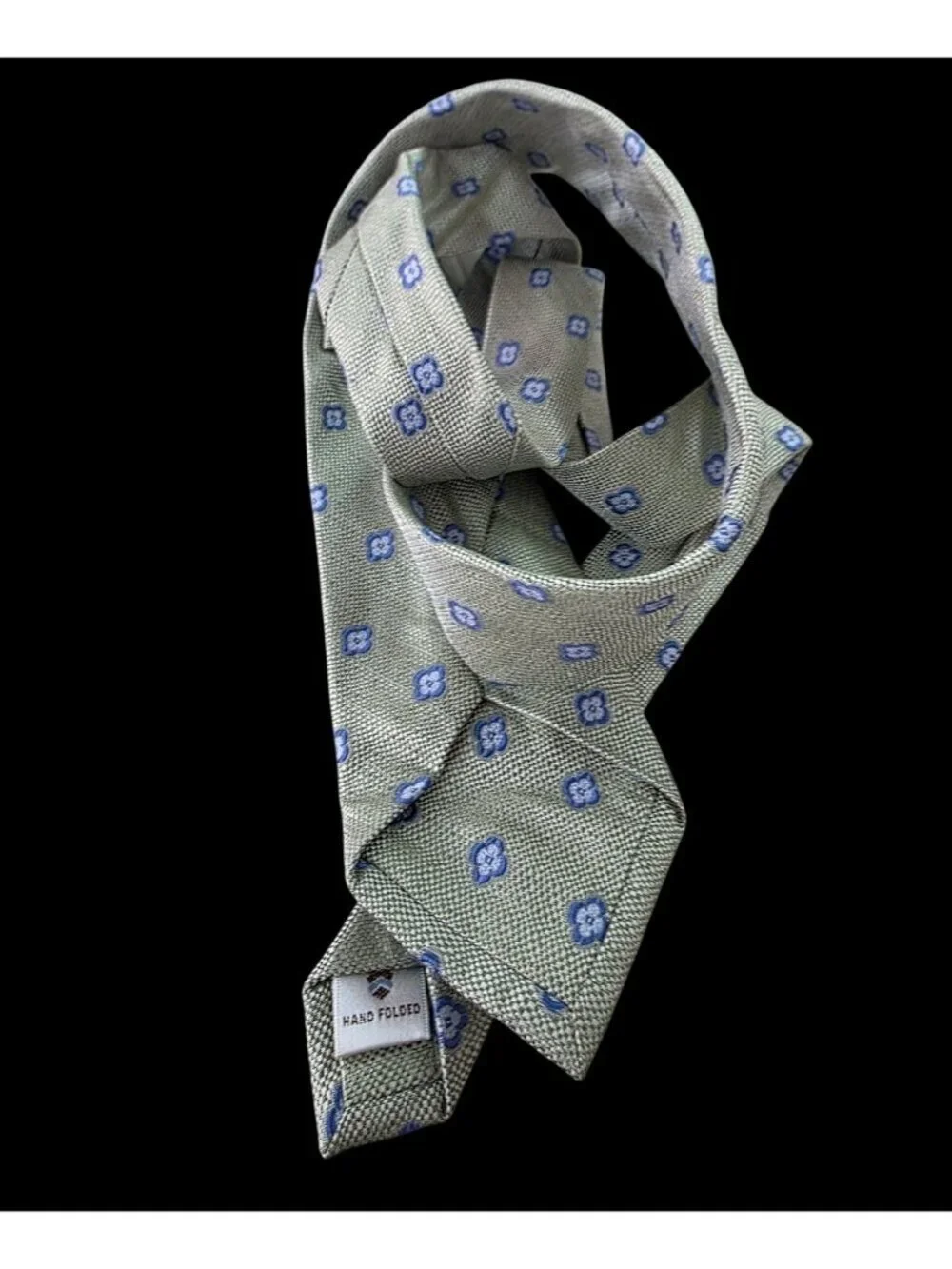 Peter Millar Handfolded Silk Tie Sage Green Blue Medallion Woven Texture 3.25x60